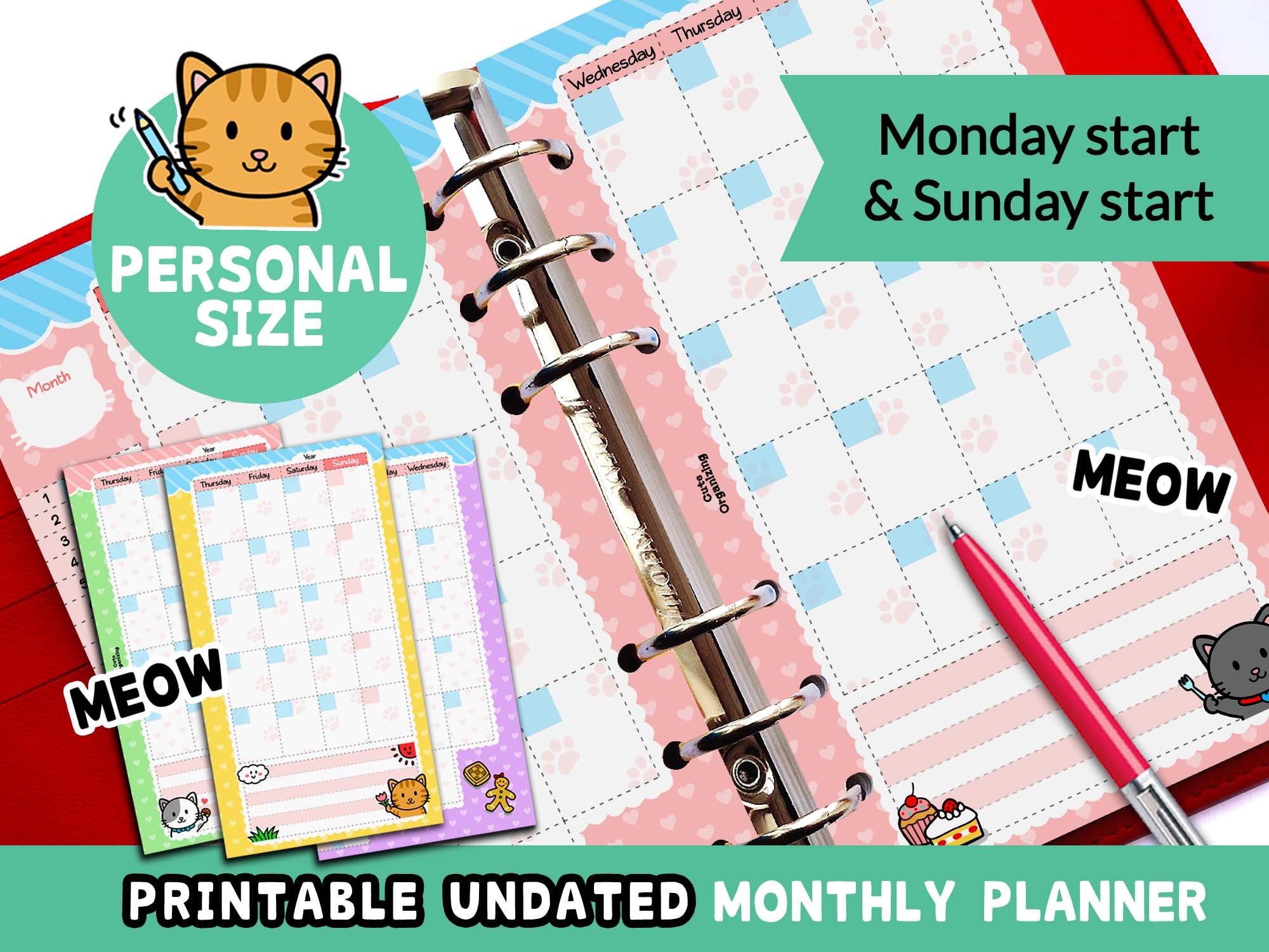 PRINTABLE Personal Size Undated Monthly Calendar Refills Cute 