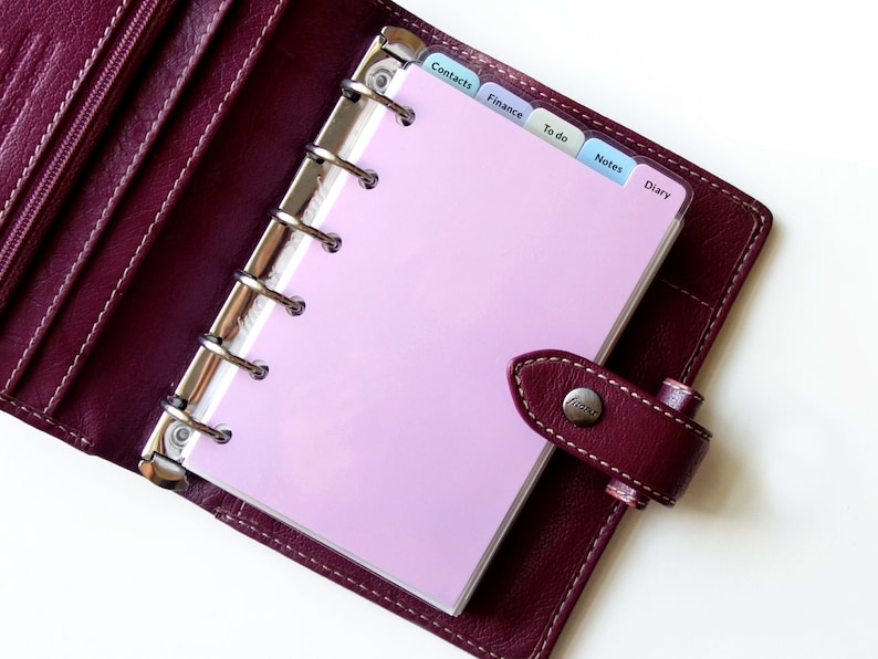 May include: A deep burgundy leather personal organizer with a six-ring metal binder mechanism. The interior contains light pink pages and translucent tabbed dividers labeled Contacts, Finance, To do, Notes, and Diary. A snap closure secures the cover.