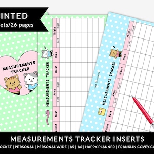 May include: Printable measurement tracker inserts featuring a cute cat design. The inserts are designed for use with popular planners such as Happy Planner and Franklin Covey Compact. The inserts are printed on 13 sheets, which equals 26 pages.