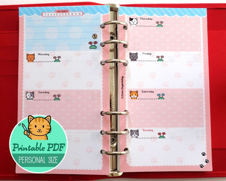 PRINTABLE Personal Size UNDATED Week On Two Pages Cute Kawaii Kitty for Filofax Kikki.K Louis Vuitton Organizer Planner Instant Download image 4