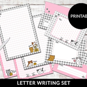 Juego de papelería imprimible con letras kawaii, hojas y sobres de gatitos, descarga instantánea