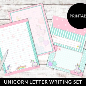Juego de papelería imprimible con letras kawaii, hojas y sobres de unicornio, descarga instantánea