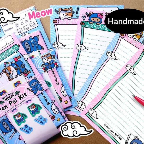 Cute Kawaii Ninja Kitty Cats letter writing paper envelopes stickers pen pal kit stationery set handmade ideal for kids children