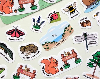 Cute kawaii Formby Liverpool Wildlife stickers 18 pieces red squirrel natterjack toad Sefton coast sand dunes Formby beach newt