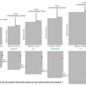 May include: A technical diagram showing gray rectangular planner inserts in Mini, Pocket, A6, Personal, and A5 sizes with top and side tab dimensions. Measurements are provided in millimeters and inches, including laminate thickness for each tab.