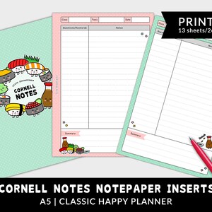 Può includere: Un set di 13 inserti di carta per appunti Cornell stampabili in formato A5. La carta è verde chiaro con un motivo a pois bianchi e presenta un simpatico design di sushi. Il testo "Cornell Notes" è stampato in nero su uno stendardo bianco. Il testo "PRINTED 13 sheets/26 pages" è stampato in nero su uno stendardo bianco.