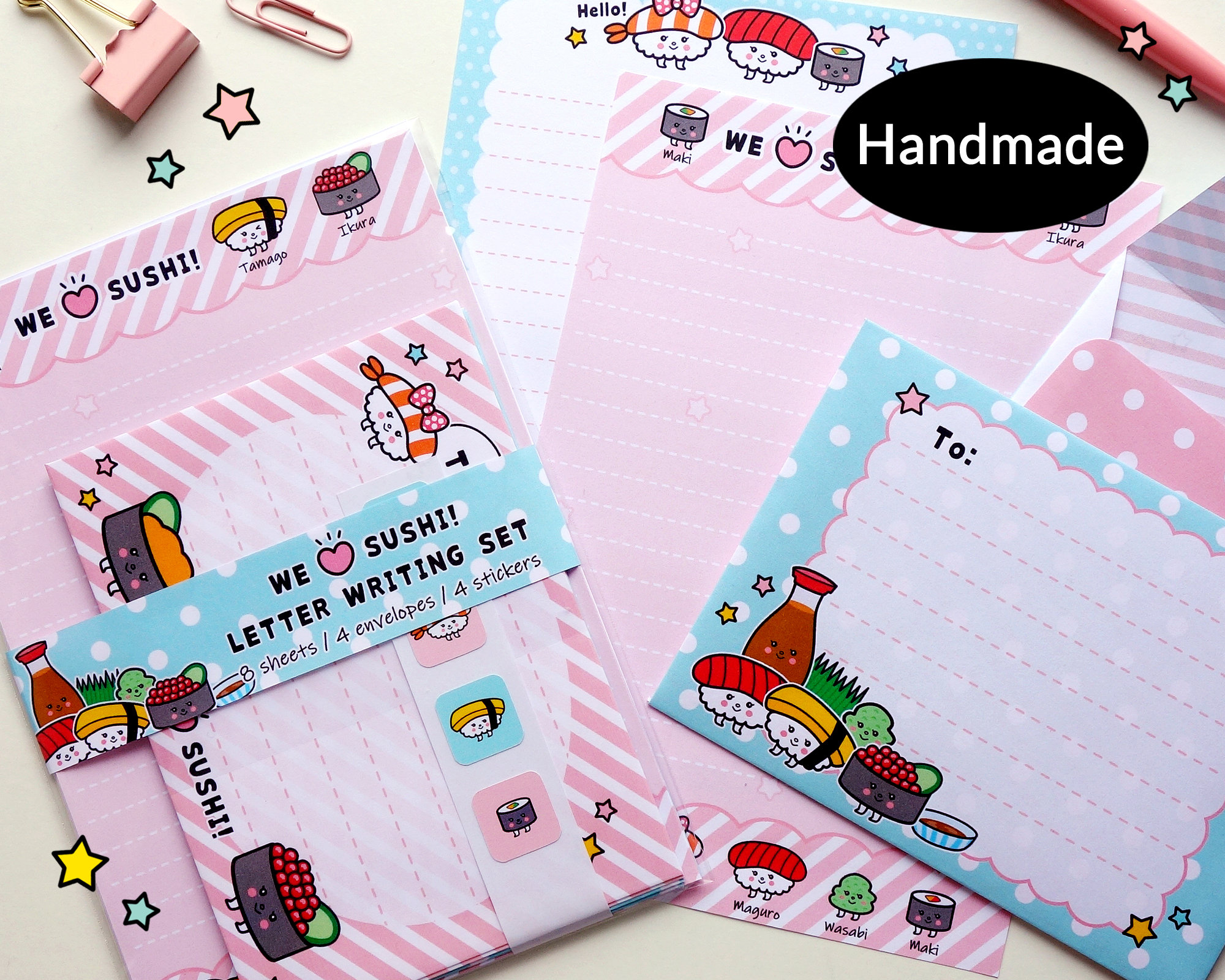 cute sushi letter writing paper stationery set handmade etsy