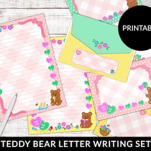 Juego de papelería imprimible con letras kawaii, hojas con ositos de peluche y sobres, descarga instantánea.