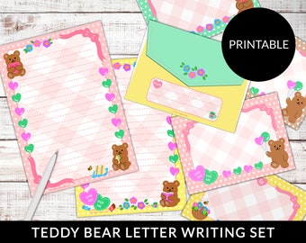 PRINTABLE Letter Writing Stationery Set Cute Teddy Bear Sheets Envelopes Instant Download