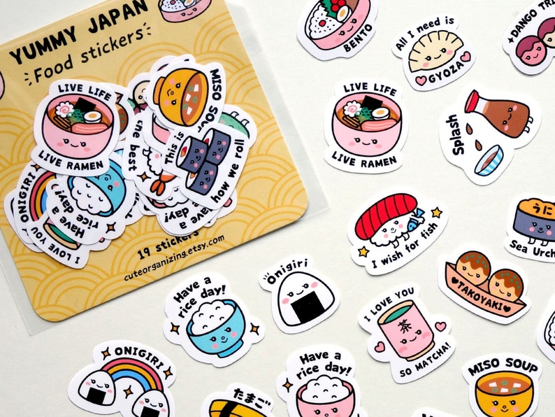 Cute kawaii Japanese food cuisine 19 pieces sushi ramen takoyaki miso gyoza bento dango onigiri matte stickers image 1