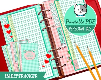 PRINTABLE Personal Size Habit Tracker Cute Kawaii Kitty for Filofax Kikki.K Louis Vuitton Organizer Planner Instant Download