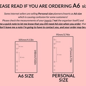 May include: Diagram comparing the dimensions of A6 and Personal size planners. The A6 size measures 105mm by 148mm, while the Personal size measures 95mm by 171mm. The diagram includes measurements in both millimeters and inches.