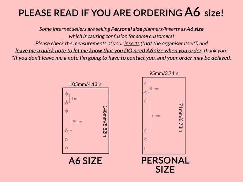 May include: Diagram comparing the dimensions of A6 and Personal size planners. The A6 size measures 105mm by 148mm, while the Personal size measures 95mm by 171mm. The diagram includes measurements in both millimeters and inches.