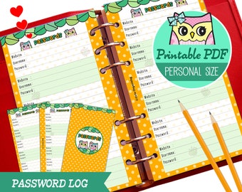 STAMPABILE Dimensioni personali Password Log Trakcer Simpatico gufo Ricariche per Filofax Organizer Download immediato