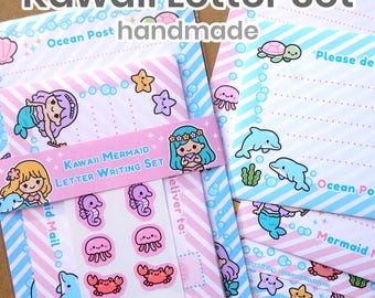 Kawaii Mermaid Letter Writing Set • Cute Ocean Stationery • Pastel Pen Pal Paper & Envelopes • Handmade Mermaid Gift