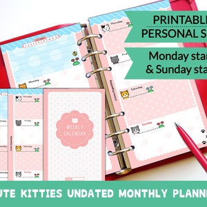 PRINTABLE Personal Size UNDATED Week On Two Pages Cute Kawaii Kitty for Filofax Kikki.K Louis Vuitton Organizer Planner Instant Download image 1
