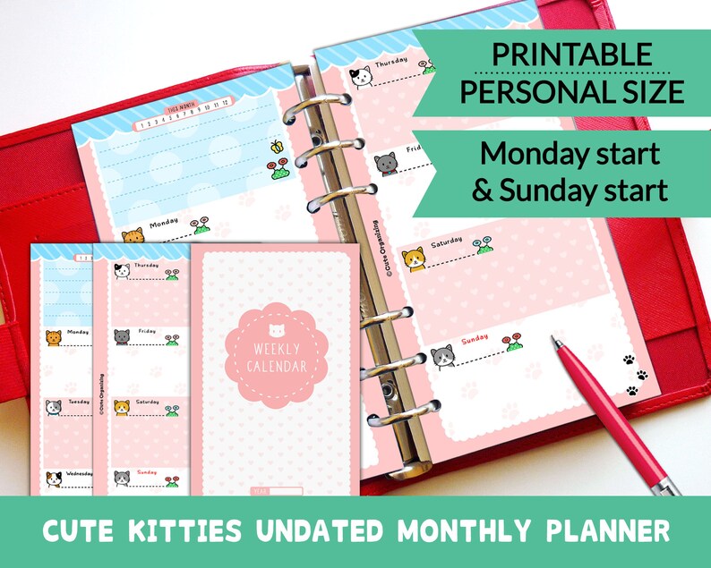 PRINTABLE Personal Size UNDATED Week On Two Pages Cute Kawaii Kitty for Filofax Kikki.K Louis Vuitton Organizer Planner Instant Download image 1