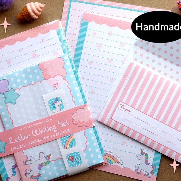 Cute Kawaii Unicorn letter writing paper stationery set handmade ideal for kids children