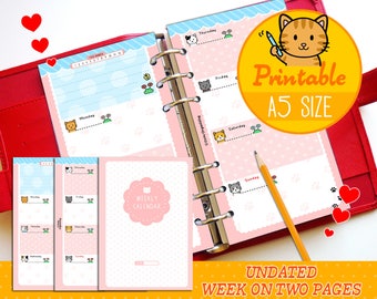 Printable A5 size undated week on two pages planner inserts Filofax, Kikki.K, Louis Vuitton gm agenda