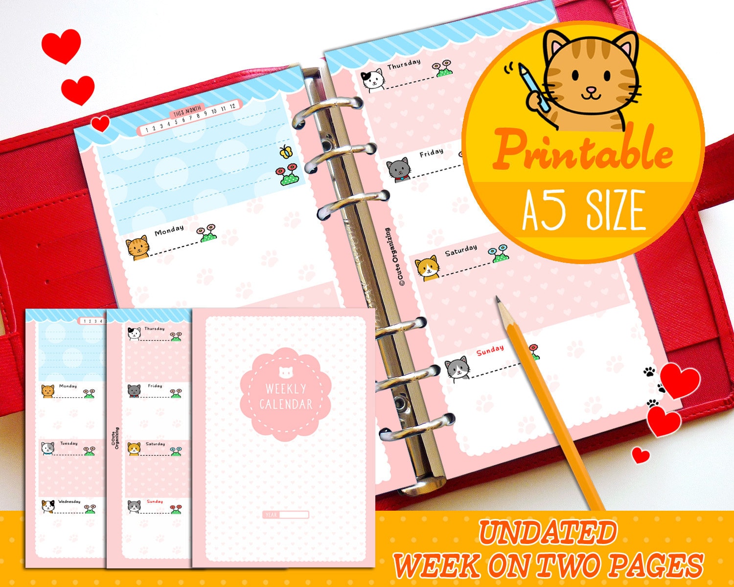 Printable A5 Size Undated Week on Two Pages Planner Inserts 