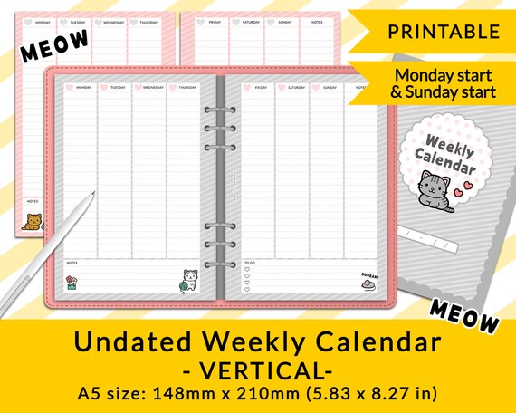 A5 Size Printable Vertical Undated Weekly Calendar Planner | Etsy