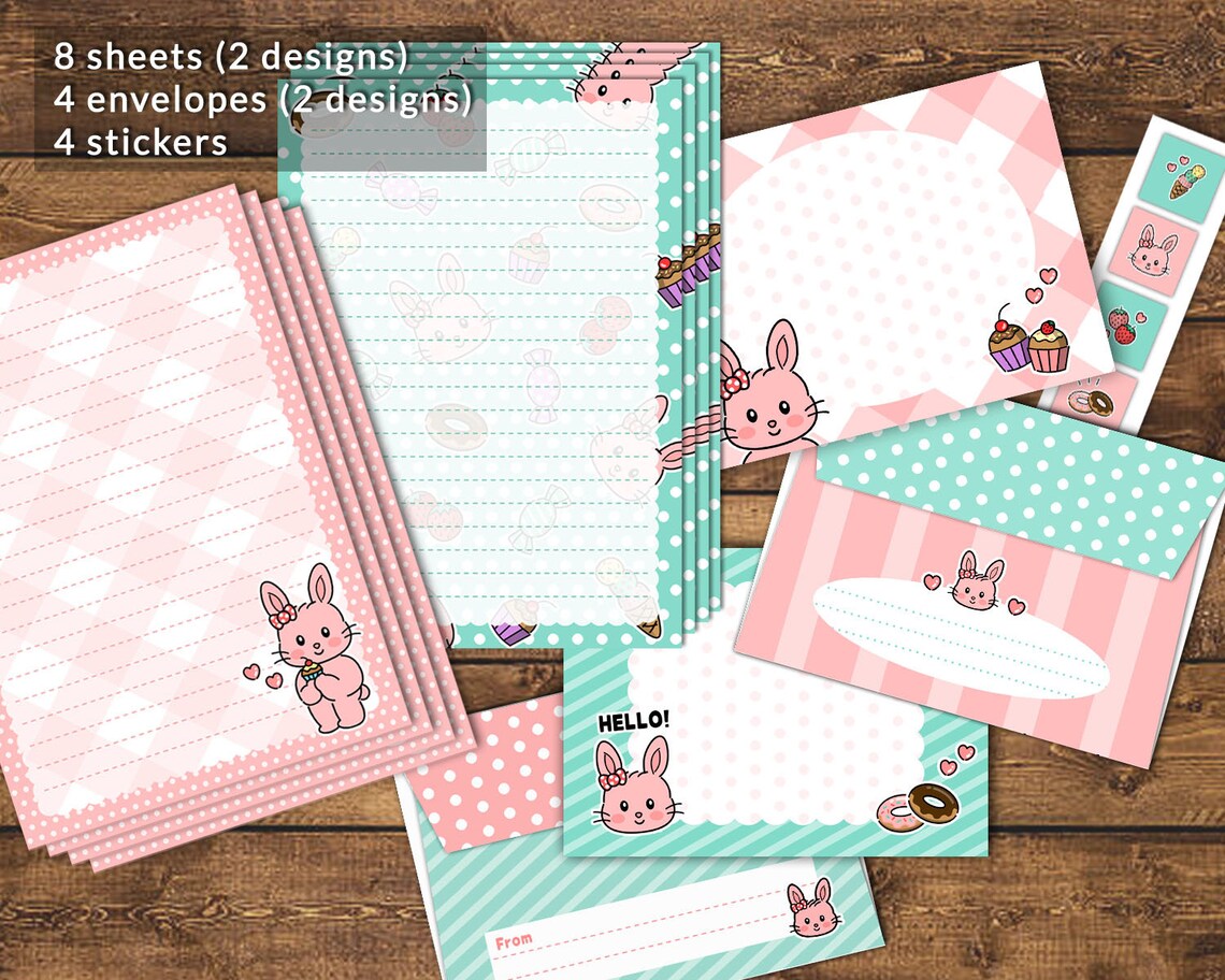 Cute bunny rabbit letter writing paper stationery set handmade | Etsy