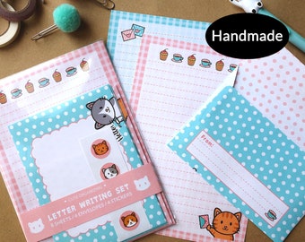 Cute Kawaii Cat letter writing paper stationery set handmade ideal for kids children