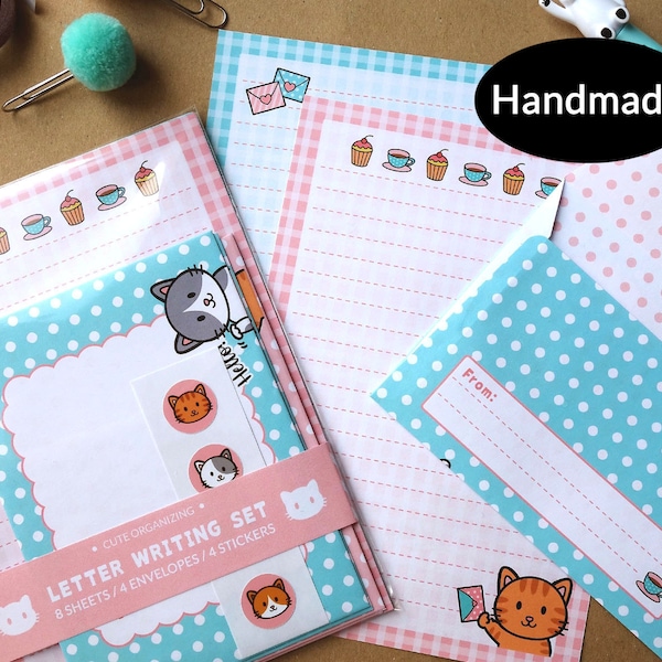 Cute Kawaii Cat letter writing paper stationery set handmade ideal for kids children