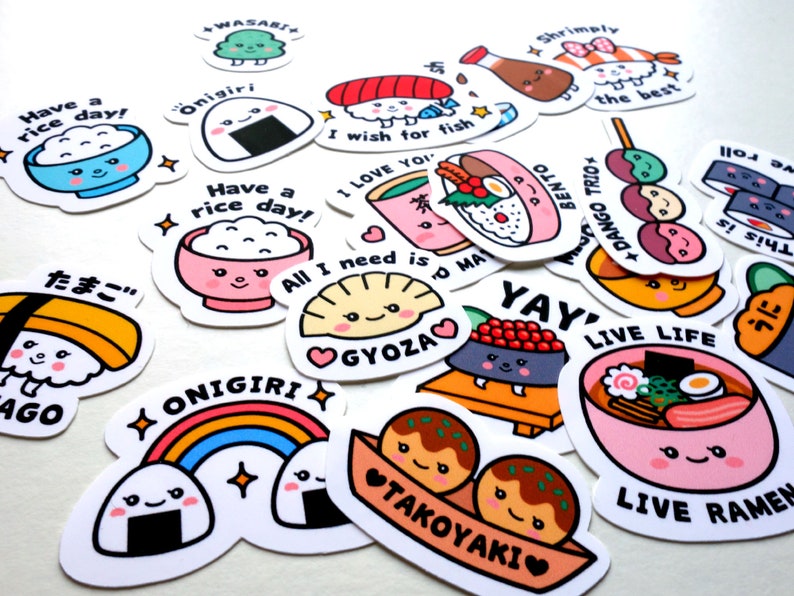 Cute kawaii Japanese food cuisine 19 pieces sushi ramen takoyaki miso gyoza bento dango onigiri matte stickers image 2