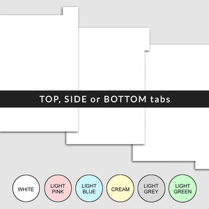 May include: Three white rectangular dividers with tabs, featuring a black horizontal banner across the center with the text TOP, SIDE or BOTTOM tabs. Below are six circular color swatches labeled WHITE, LIGHT PINK, LIGHT BLUE, CREAM, LIGHT GREY, and LIGHT GREEN.