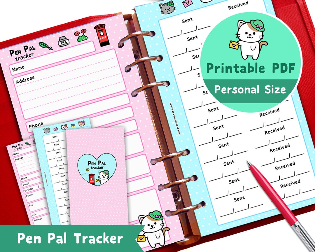 PRINTABLE Personal Size Pen Pal Tracker Cute Kawaii Kitty for Filofax ...