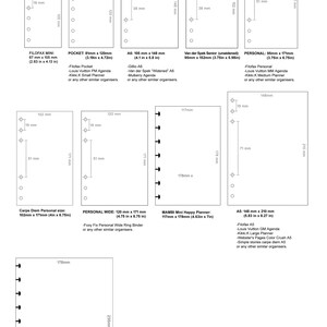 May include: A chart showing different sizes of personal organizers with measurements in millimeters and inches. The chart includes the names of popular brands like Filofax, Kikki K, and Mambi.