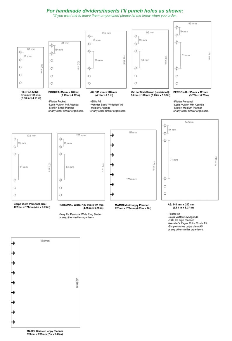 May include: A chart showing different sizes of personal organizers with measurements in millimeters and inches. The chart includes the names of popular brands like Filofax, Kikki K, and Mambi.