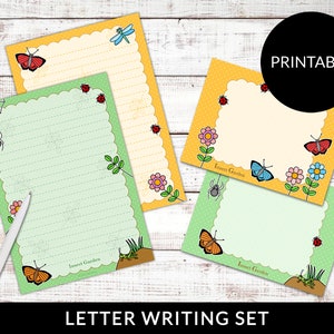 Juego de papelería para escribir cartas kawaii, imprimible, con lindos bichos, insectos, hojas y sobres, descarga instantánea, para niños, niñas y niños.