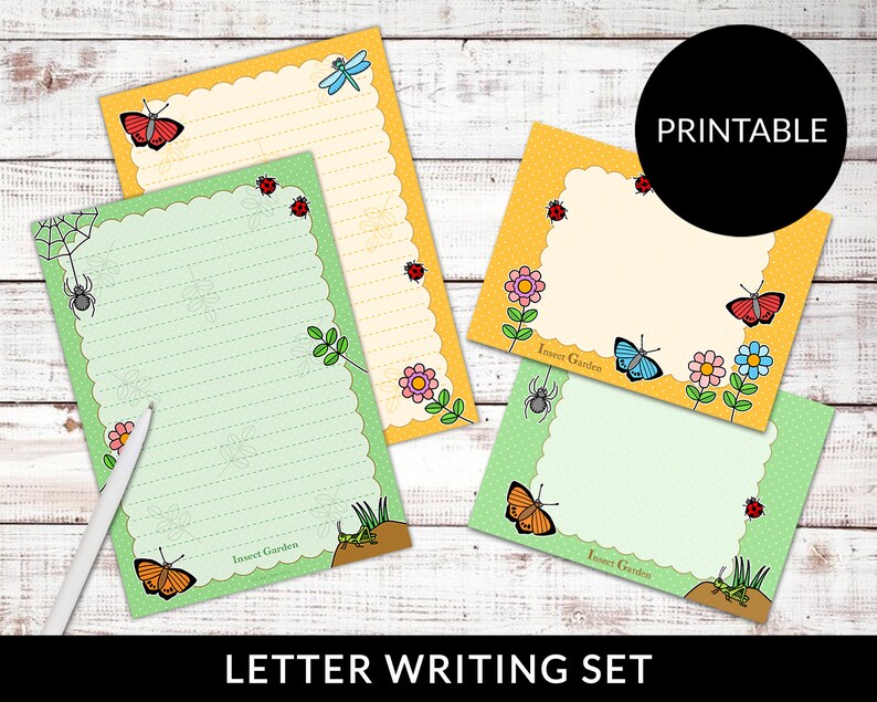PRINTABLE Letter Writing Stationery Set Cute Bugs Insects Sheets Envelopes Instant Download ideal for children kids boys and girls image 1