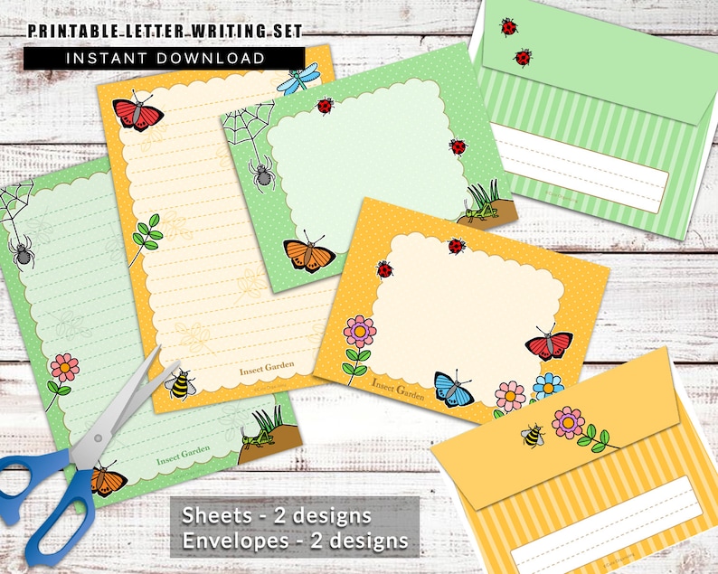 PRINTABLE Letter Writing Stationery Set Cute Bugs Insects Sheets Envelopes Instant Download ideal for children kids boys and girls image 2