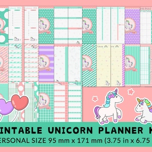PRINTABLE Personal Size planner kit cute unicorn daily weekly monthly calendar notepaper todo contacts expense password habit trackers
