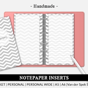 May include: Gray and white chevron patterned notepaper insert for a planner or notebook. The insert has lined paper and is labeled "Notepaper".