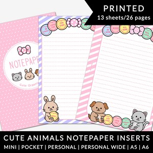 May include: Pink and white notepaper inserts with cute animal illustrations. The inserts feature a cover with a bow and the text "NOTEPAPER". The pages have lined paper and candy heart accents. The text "CUTE ANIMALS NOTEPAPER INSERTS" is at the bottom.