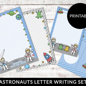 Juego de papelería para escribir cartas kawaii, imprimible, con astronautas, extraterrestres, ovnis, hojas espaciales, sobres, descarga instantánea.