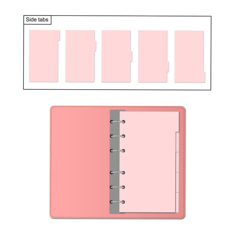 May include: A pink planner binder with a six-ring metal mechanism and a set of five light pink dividers with side tabs. The dividers are displayed in a row above the binder, each featuring a tab in a different vertical position for organization.