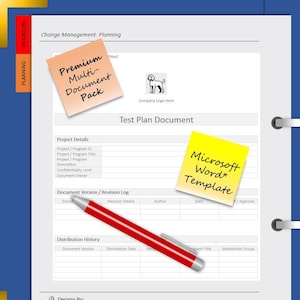 May include: A document titled "Test Plan Document" with a red pen, yellow and orange sticky notes. The sticky notes read "Premium Multi-Document Pack" and "Microsoft Word Template". The document is on a blue background.