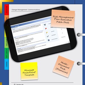 May include: A digital document with the title "Change Management: Communications" is displayed on a tablet. The tablet has sticky notes that say "Risk Management Plan Executive Pitch Deck", "Microsoft PowerPoint Template", and "Multi-Document Pack (Premium)".