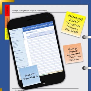 Puede incluir: Un smartphone negro muestra un formulario de "Change Impact Assessment", con notas adhesivas que dicen "Microsoft Excel Template" y "Change Impact Assessment - Premium Edition". Una nota adhesiva azul dice "Instant Download".