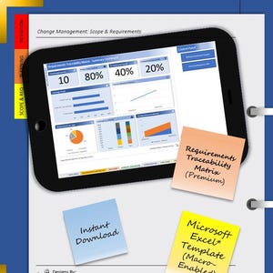 May include: A digital tablet displays a requirements traceability matrix with charts and data. Sticky notes read "Instant Download", "Requirements Traceability Matrix (Premium)", and "Microsoft Excel Template (Macro-Enabled)". The document is titled "Change Management: Scope & Requirements".