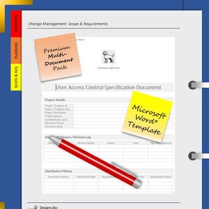 May include: A document template with a red pen, yellow and orange sticky notes. The sticky notes read "Premium Multi-Document Pack" and "Microsoft Word Template". The document includes sections for project details and version/revision logs.