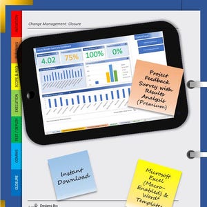 Może przedstawiać: Cyfrowy tablet wyświetlający pulpit nawigacyjny z wynikami ankiety z wykresami i danymi. Dołączone są trzy karteczki samoprzylepne, jedna z napisem "Project Feedback Survey with Results Analysis (Premium)", druga "Instant Download", a trzecia "Microsoft Excel (Macro-Enabled) & Word Templates".