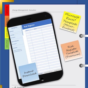 May include: A smartphone showing a Risk Register template, with sticky notes reading "Microsoft Excel Template" and "Risk Register Template." The image also includes the text "Instant Download" and "Designs By: The Template Pup | 2025."