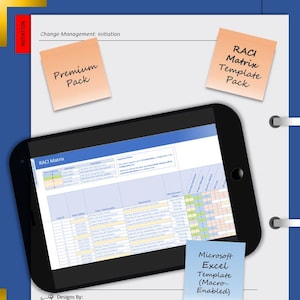 Peut inclure: Une tablette noire affichant une matrice RACI dans un modèle Microsoft Excel. L'image comprend des post-it avec le texte "Premium Pack", "RACI Matrix Template Pack" et "Microsoft Excel Template (Macro-Enabled)". Le document est intitulé "Change Management: Initiation".