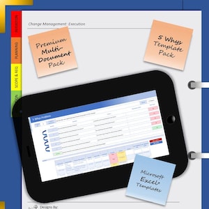 Può includere: Un tablet nero mostra un foglio di calcolo intitolato "5 Whys Problem". Sono visibili tre post-it: "Premium Multi-Document Pack", "5 Whys Template Pack" e "Microsoft Excel Templates". Lo sfondo è un documento blu e bianco.